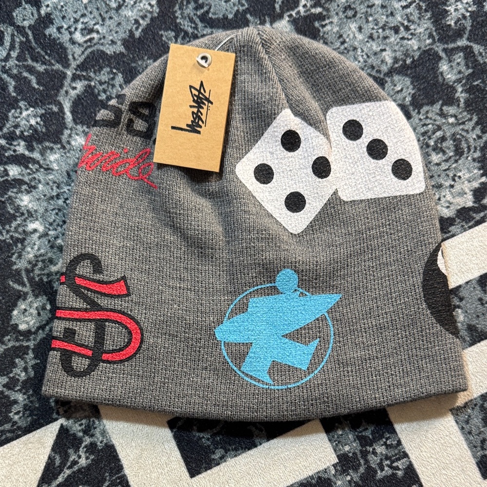 Stussy Grey Beanie with Blue Rocket, White Dice & Red Script